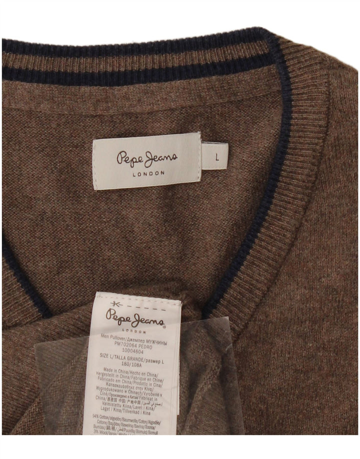 PEPE JEANS Mens V-Neck Jumper Sweater Large Brown Cotton