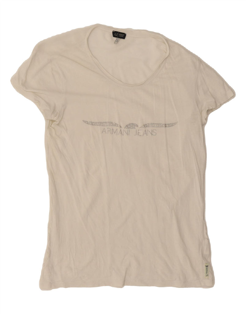 ARMANI Womens Graphic T-Shirt Top IT 44 Medium Off White Cotton Vintage Armani and Second-Hand Armani from Messina Hembry 