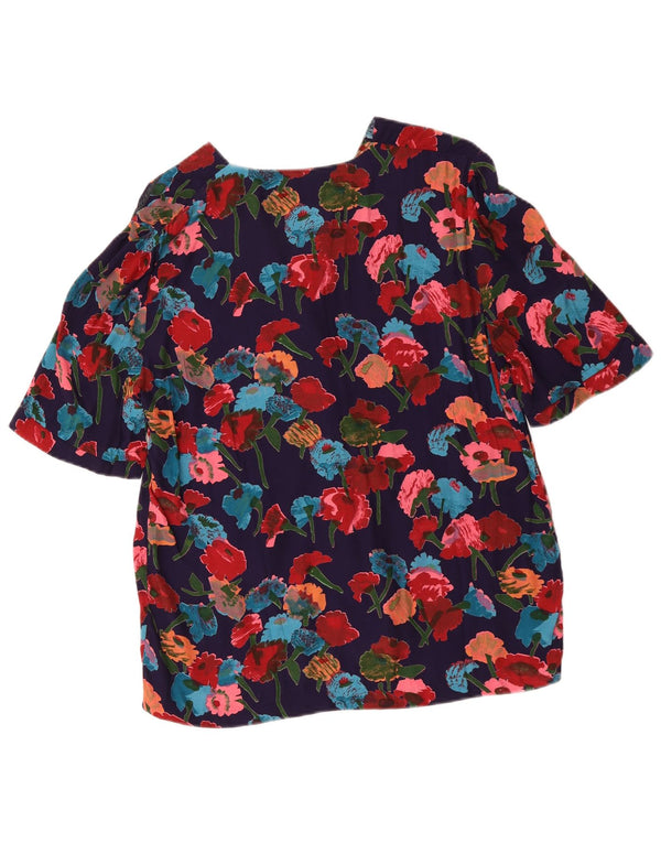 Bluză vintage cămașă cu mânecă scurtă pentru femei UK 16 mare, albastru marin, floral