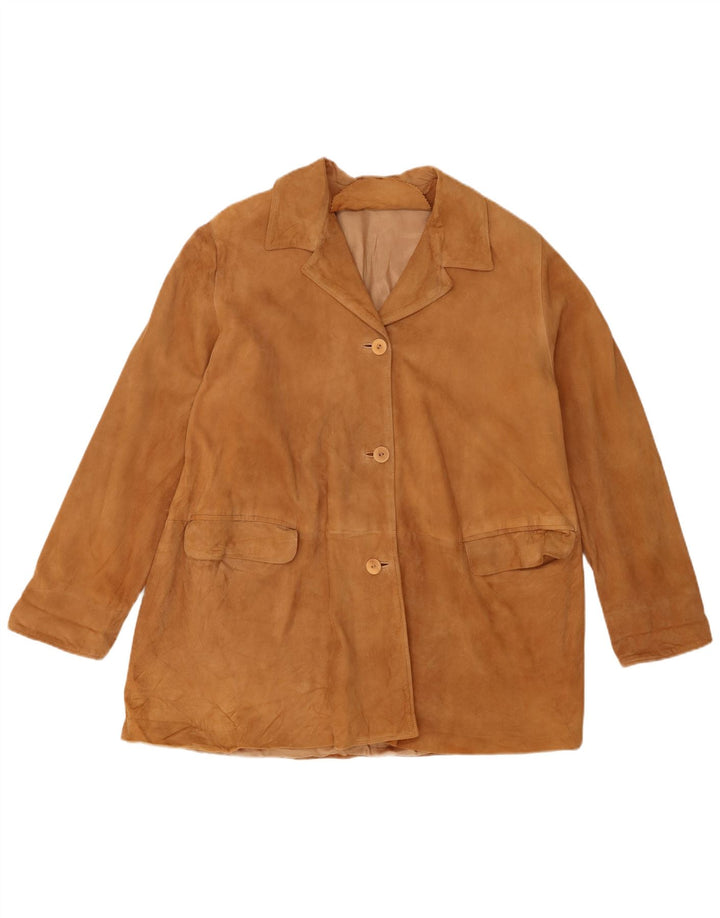 Blazer Vintage pentru femei cu 3 nasturi din piele intoarsa EU 48 2XL din piele bej