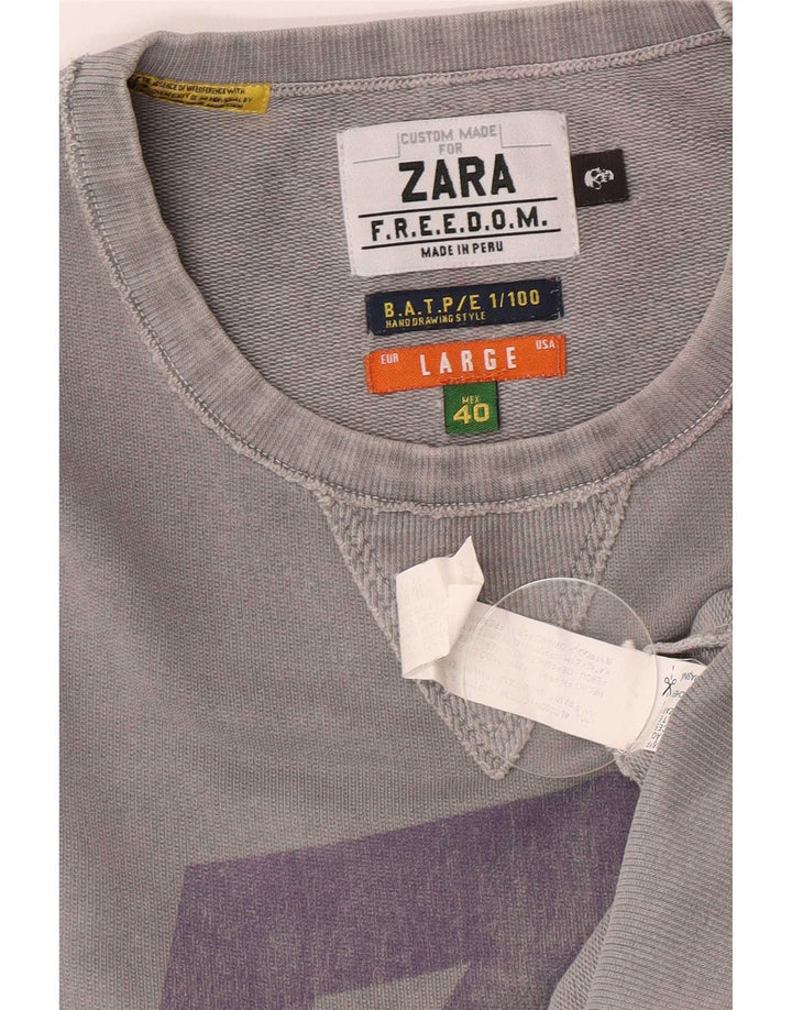 Pulover cu grafic pentru bărbați Zara, bumbac mare, gri