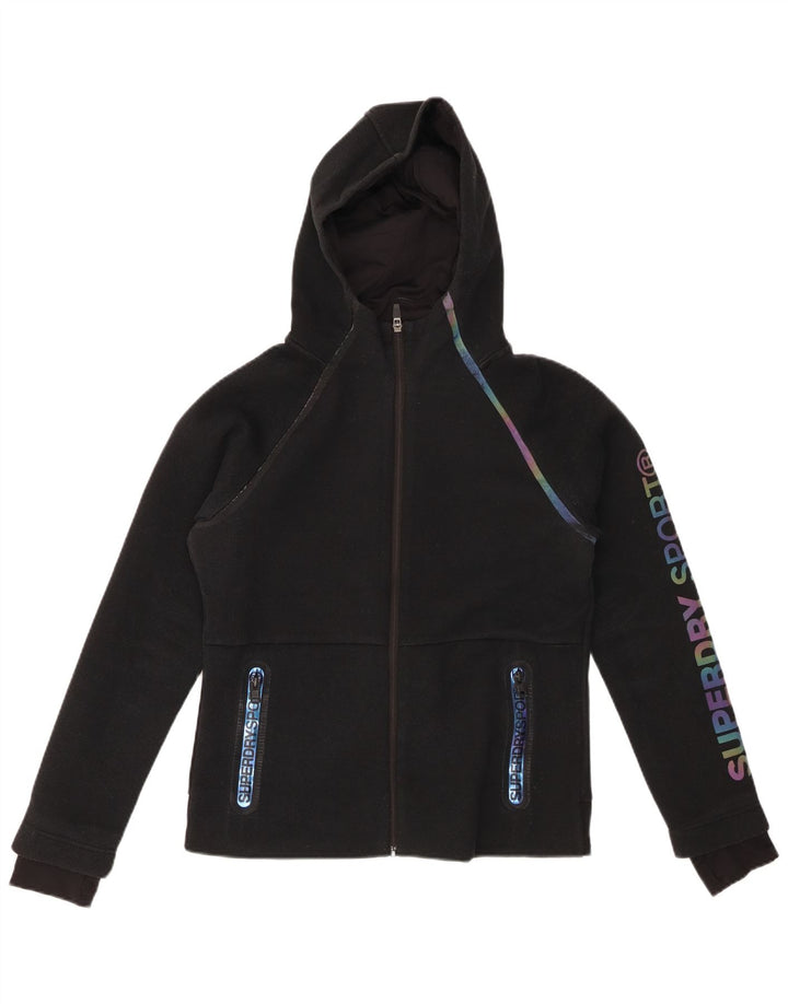 SUPERDRY Pulover cu glugă cu fermoar grafic pentru femei UK 12 Poliester mediu negru