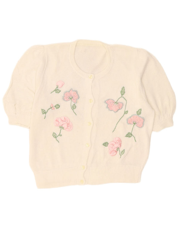 Vintage Pulover cardigan cu mânecă scurtă pentru femei UK 16 Large White Floral
