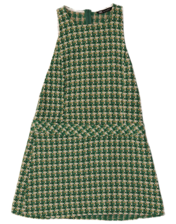 Zara Womens Sleeveless A-Line Dress UK 16 Large Green Houndstooth