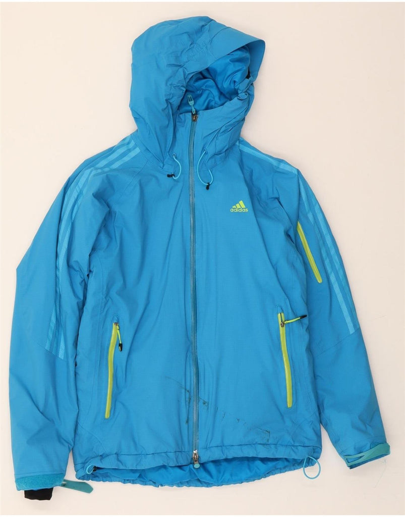 ADIDAS Womens Graphic Hooded Windbreaker Jacket UK 14 Large Blue Nylon Vintage Adidas and Second-Hand Adidas from Messina Hembry 