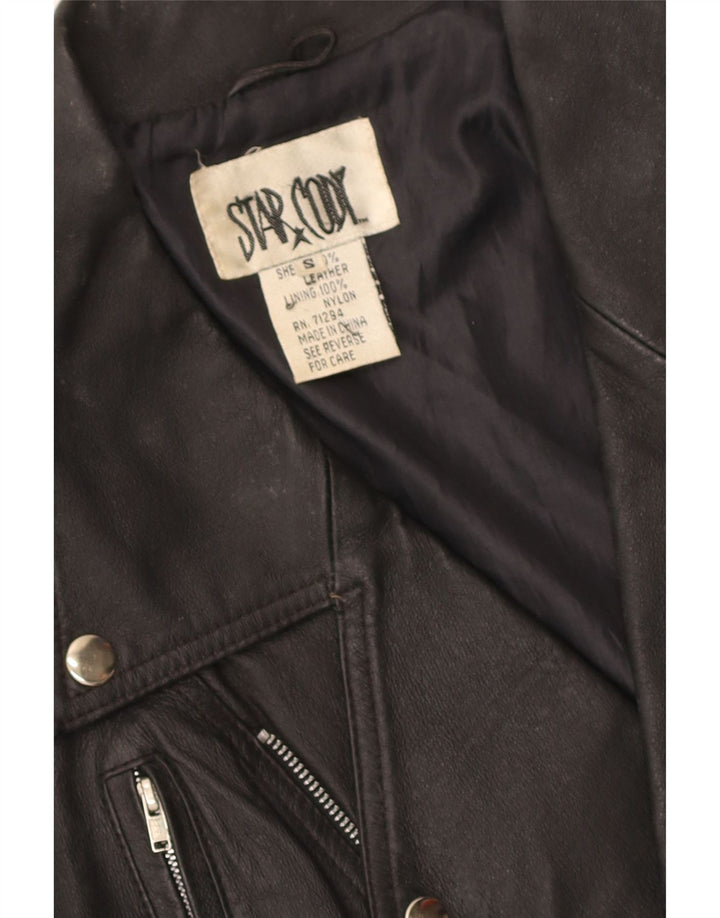 Jachetă de motociclist din piele crop vintage pentru femei UK 10 Mic din piele neagră