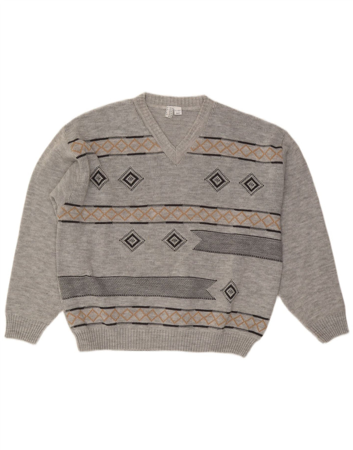 VINTAGE Pulover cu decolteu în V pentru bărbați Marea Britanie 46/48 2XL Gri Argyle/Diamant