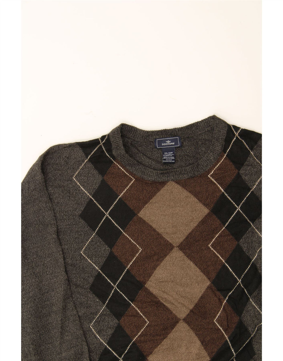 DOCKERS Pulover pentru bărbați cu gât roșu, 2XL, gri Argyle/Diamond Acrilic