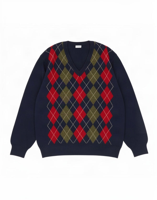 Pulover vintage pentru bărbați cu decolteu în V XL bleumarin Argyle/lana diamantată