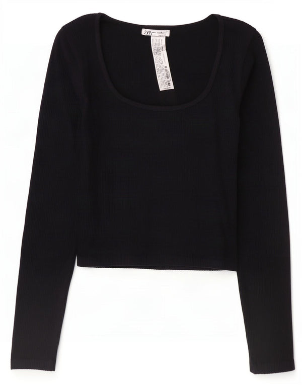 Crop Top pentru femei Zara cu mânecă lungă UK 12 Medium Black Poliamidă
