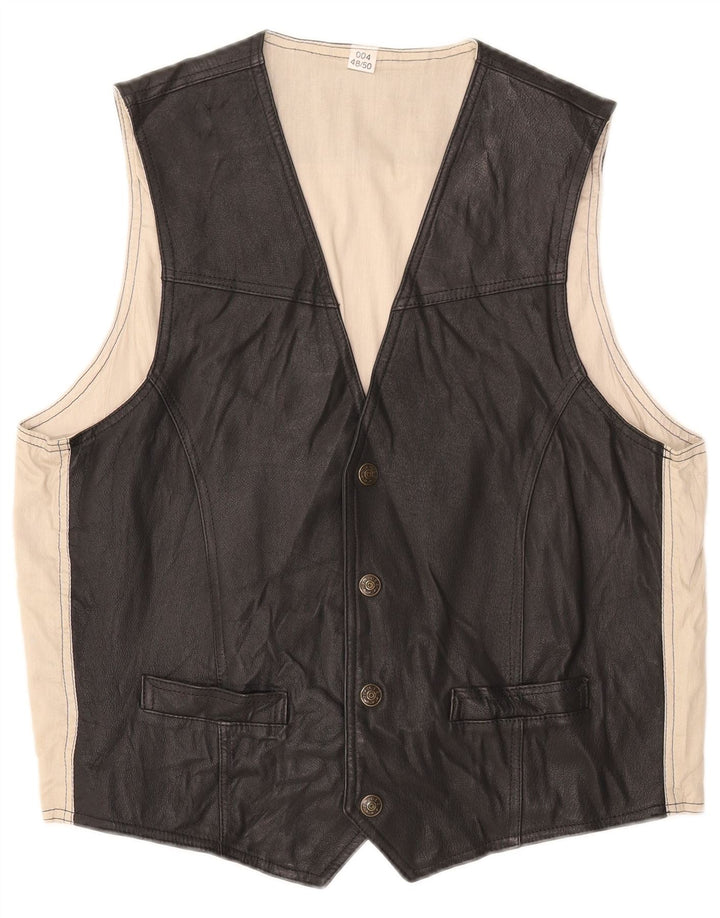 VINTAGE Mens Leather Waistcoat IT 48/50 Medium Black Colourblock Leather
