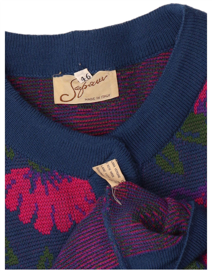 Set 3 piese pentru femei VINTAGE IT 46 mare W26 Lână virgină cu flori, albastru marin