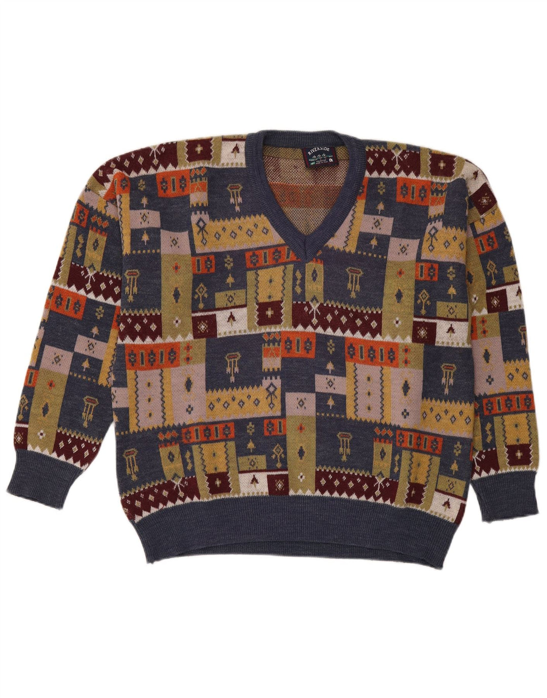 Pulover vintage pentru bărbați cu decolteu în V, mare, multicolor, mozaic
