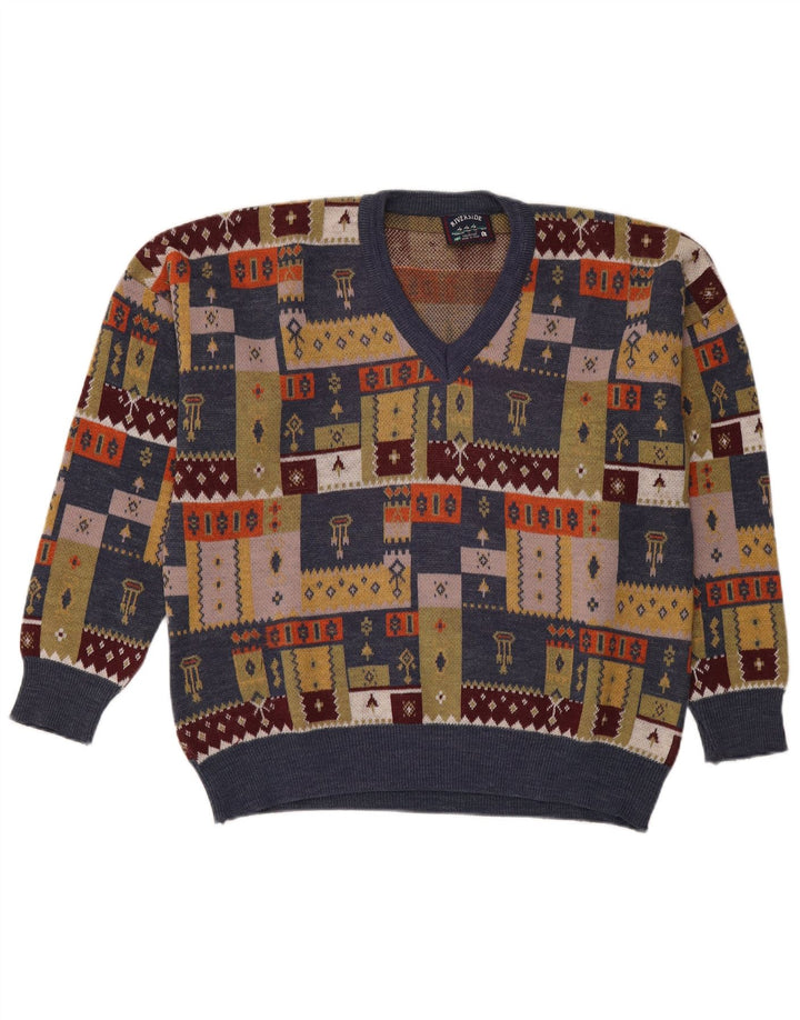 Pulover vintage pentru bărbați cu decolteu în V, mare, multicolor, mozaic