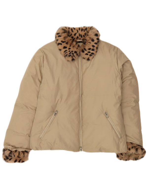 Jachetă căptușită supradimensionată pentru femei vintage UK 10 mic bej cu imprimeu animal