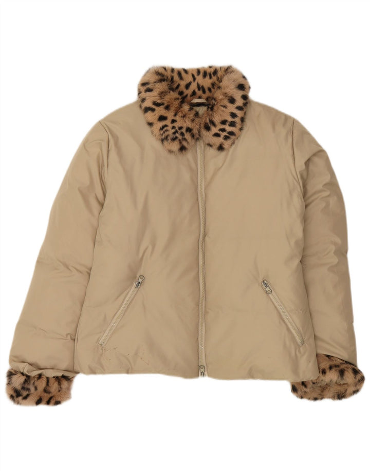 Jachetă căptușită supradimensionată pentru femei vintage UK 10 mic bej cu imprimeu animal