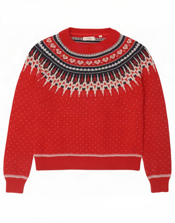 Fat Face Womens Boat Neck Jumper Sweater UK 14 Large Red Fair Isle Cotton
