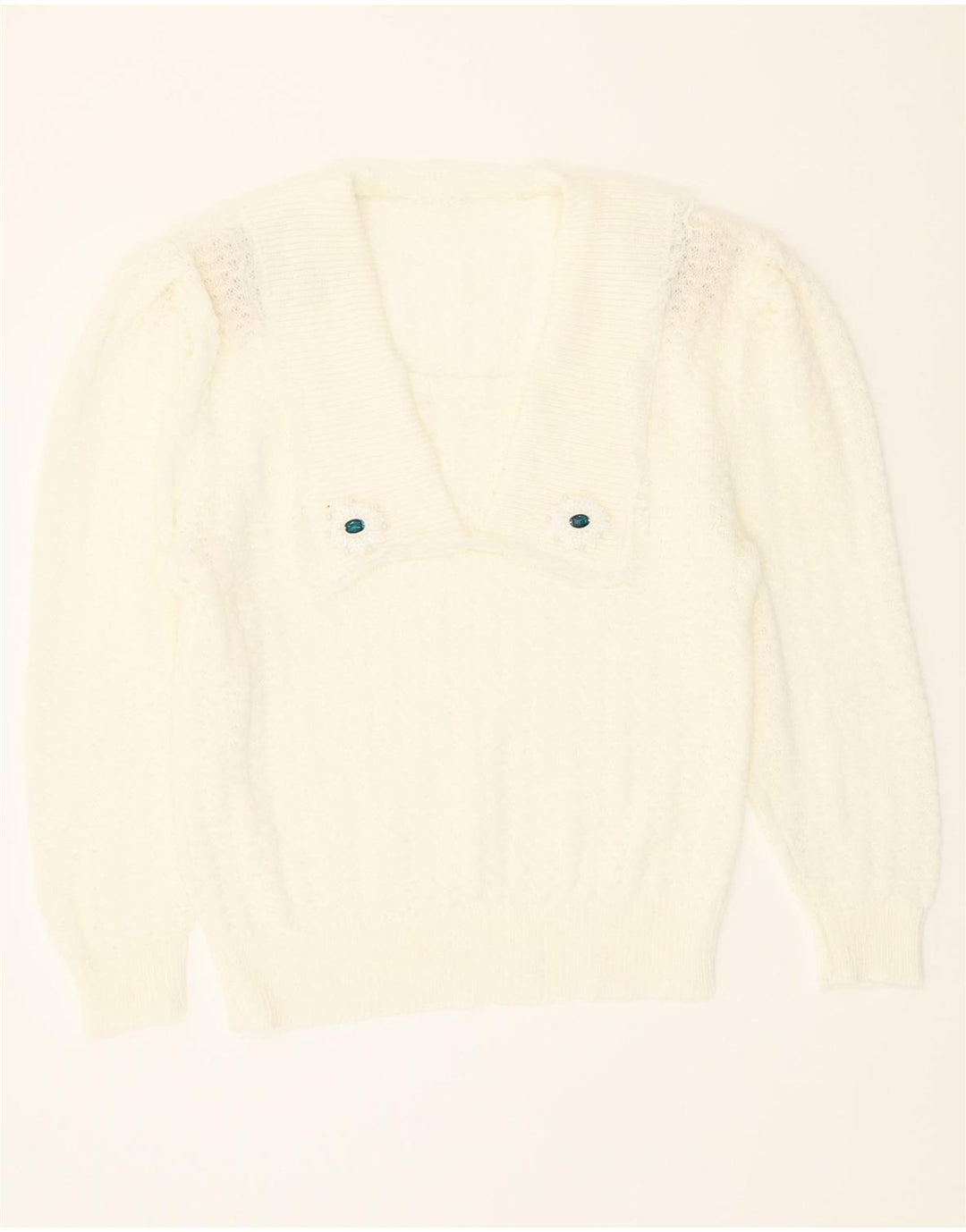 VINTAGE Womens V-Neck Jumper Sweater UK 14 Large White Vintage Vintage and Second-Hand Vintage from Messina Hembry 