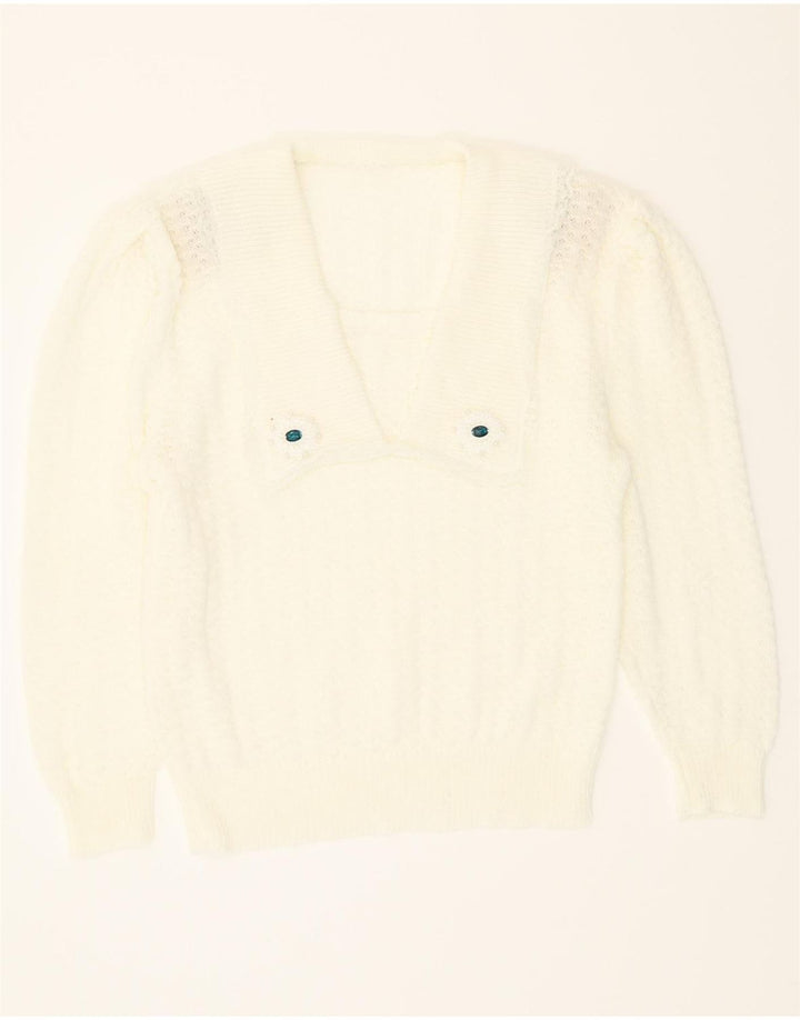 VINTAGE Womens V-Neck Jumper Sweater UK 14 Large White Vintage Vintage and Second-Hand Vintage from Messina Hembry 