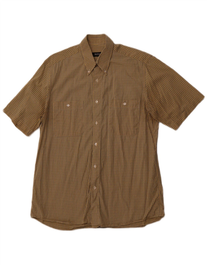 Cămașă cu mânecă scurtă pentru bărbați HUGO BOSS Mărimea 40, bumbac cu carouri galben mediu