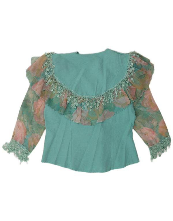 Bluză vintage pentru femei, cămașă cu volane în față UK 14 Turcoaz mediu Floral