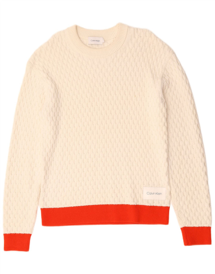 Pulover Calvin Klein pentru bărbați, cu gât crew, bumbac color bloc alb mediu