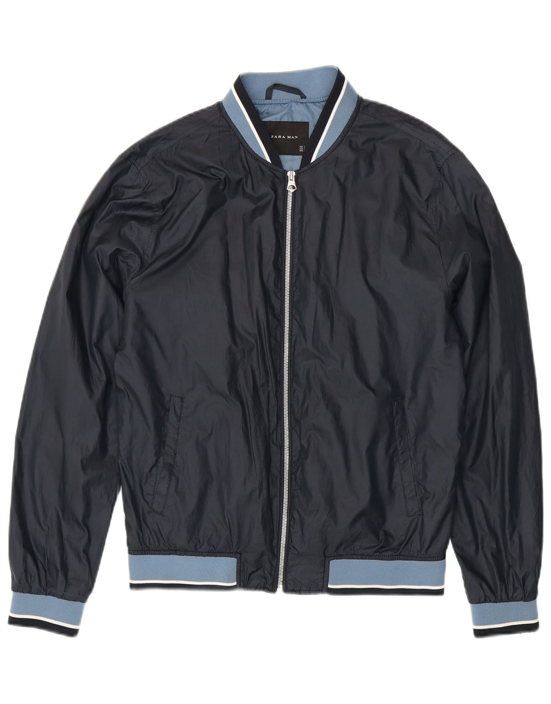 Jachetă Bomber pentru bărbați Zara UK 40 mare, albastru bleumarin, poliester color bloc