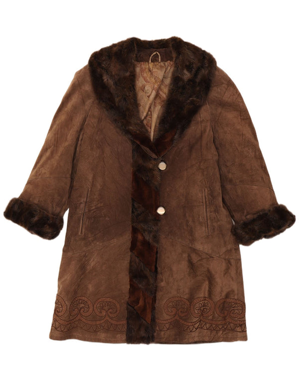 Pardesiu vintage pentru femei de piele intoarsa UK 14 Maro Mediu Paisley