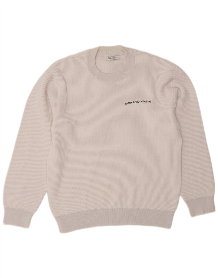 Pulover pentru bărbați Zara, cu gât crew, bumbac alb mediu