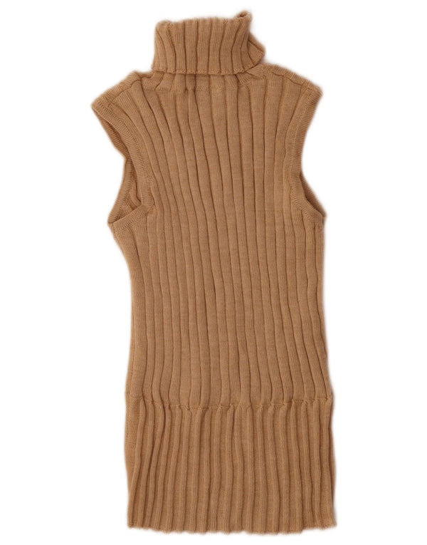 Vintage Womens Roll Neck Vest Tank Top UK 12 Medium Beige Merinos Wool