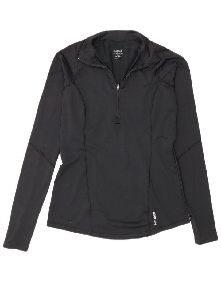 Top de trening Reebok pentru femei, cu fermoar și gât, din poliester negru mediu UK 12