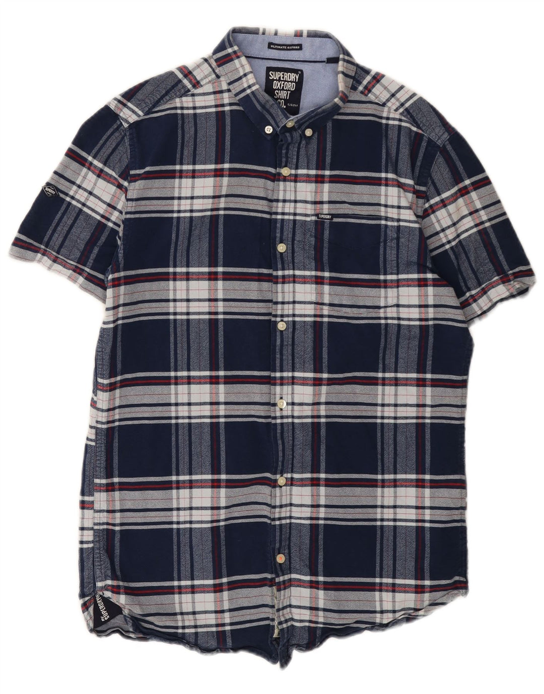 Cămașă de flanel cu mânecă scurtă pentru bărbați Superdry, bumbac cu carouri albastru bleumarin mediu