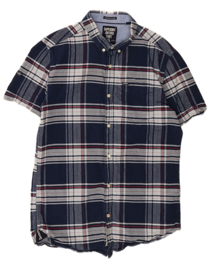 Cămașă de flanel cu mânecă scurtă pentru bărbați Superdry, bumbac cu carouri albastru bleumarin mediu