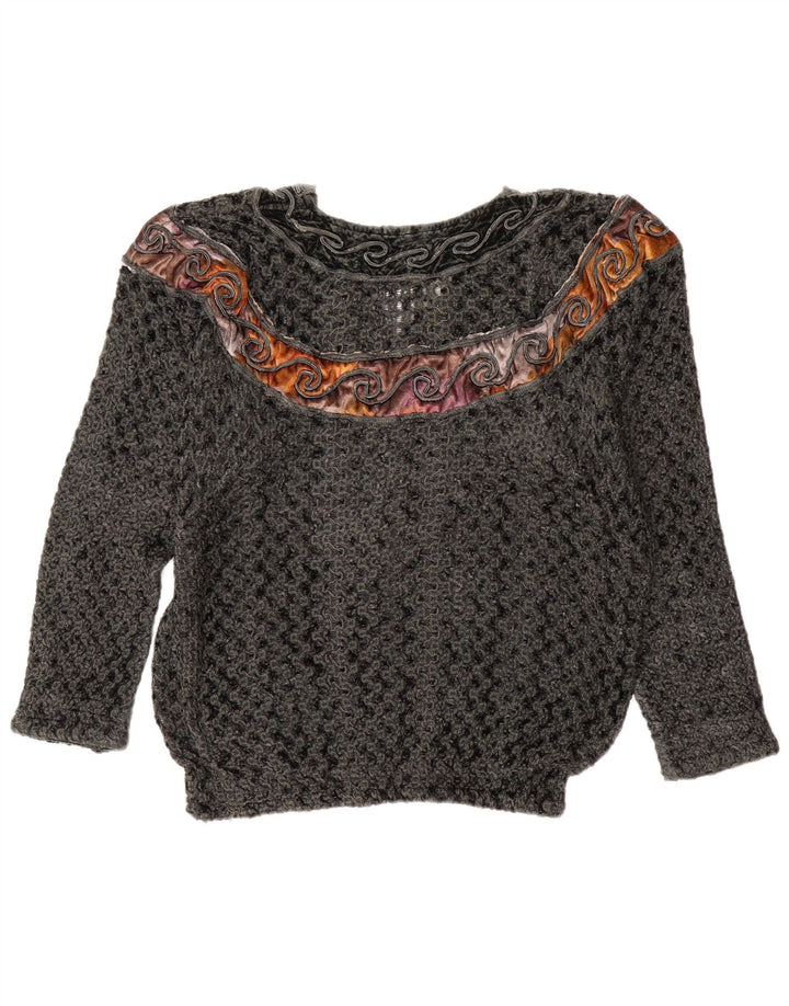 Pulover vintage pentru femei cu decolteu în V UK 14, mare, gri, bloc de culoare