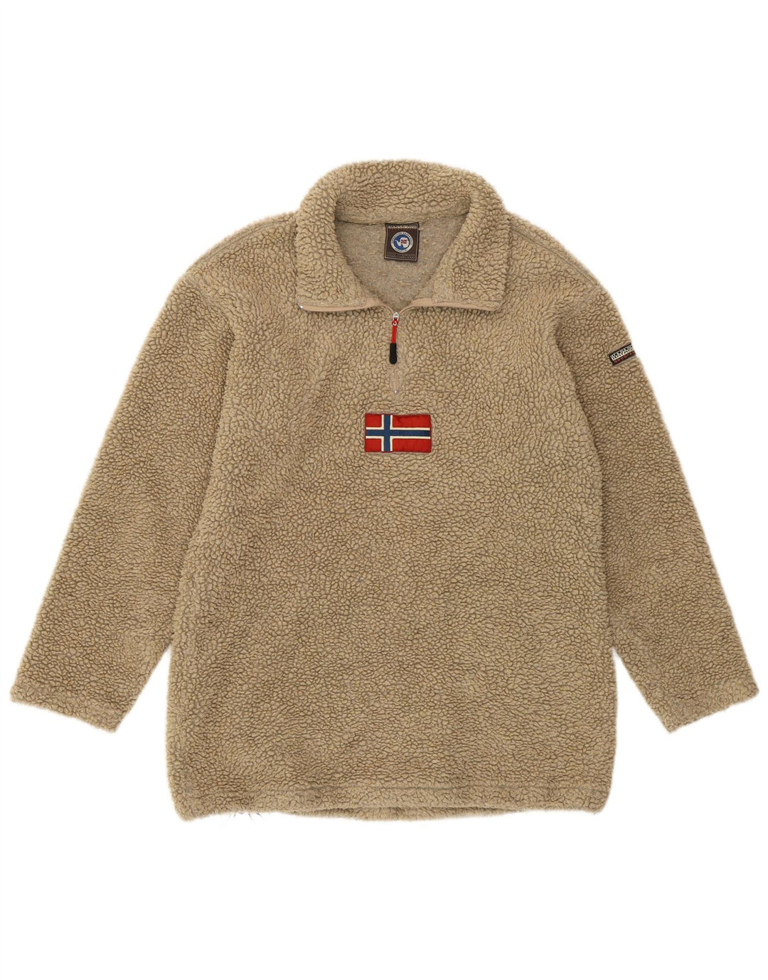 Pulover Napapijri pentru damă, cu grafic, cu fermoar și gât, din lână, mare, bej, poliacrilic