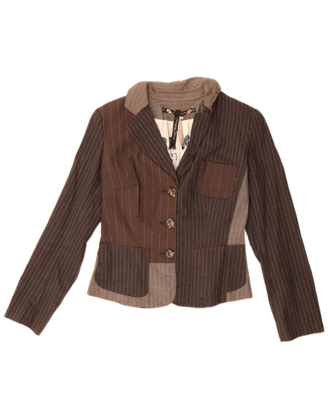 Jachetă vintage pentru femei crop cu 3 nasturi IT 42 maro mediu cu dungi
