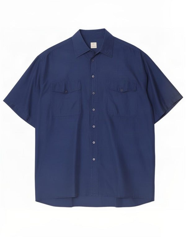 Vintage Mens Short Sleeve Shirt Medium Navy Blue Silk