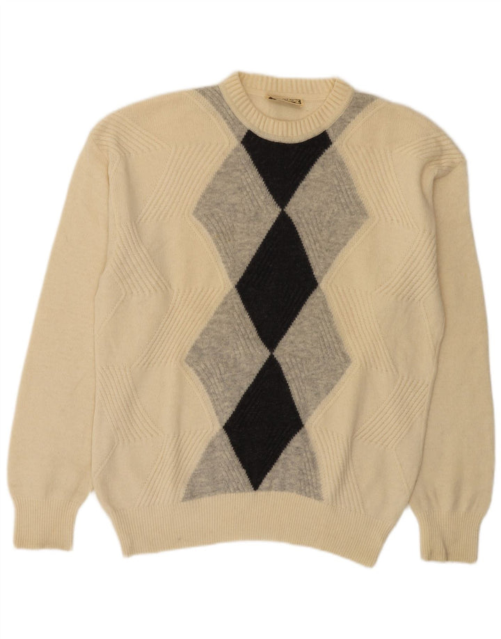 Pulover vintage pentru bărbați cu decolteu rotund IT 50 mediu alb deschis Argyle/Diamond