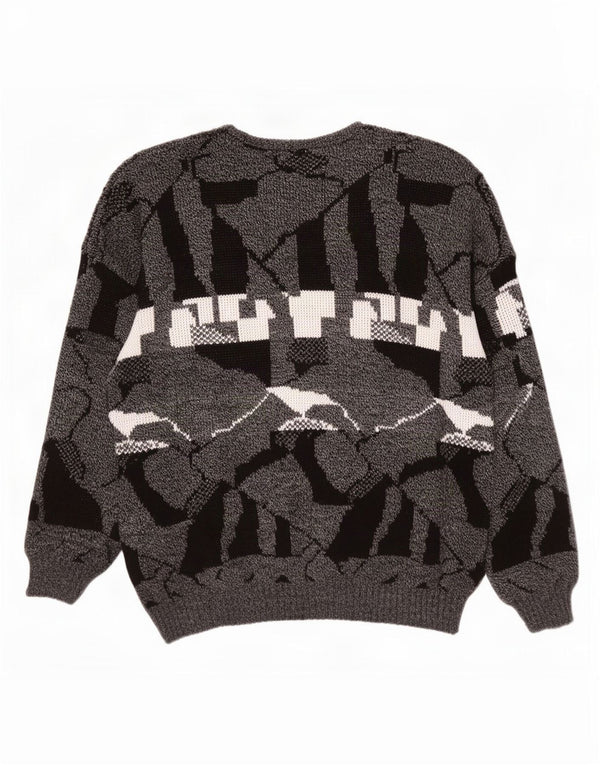 Pulover vintage pentru bărbați cu decolteu în V, XL, gri geometric, acrilic
