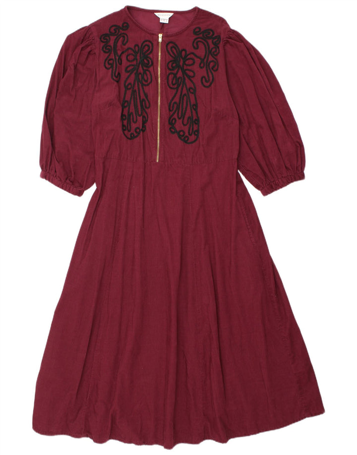 MONSOON Rochie A-Line din velur cu mâneci 3/4 pentru femei UK 12 Burgundy mediu
