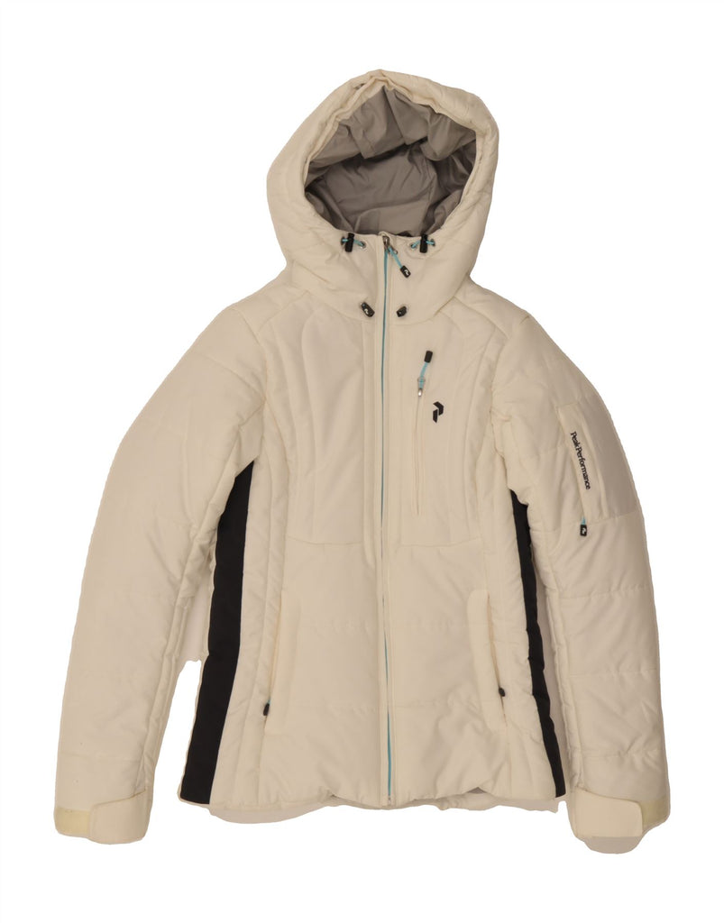PEAK PERFORMANCE Womens Hooded Padded Jacket UK 6 XS Off White Colourblock Vintage Peak Performance and Second-Hand Peak Performance from Messina Hembry 