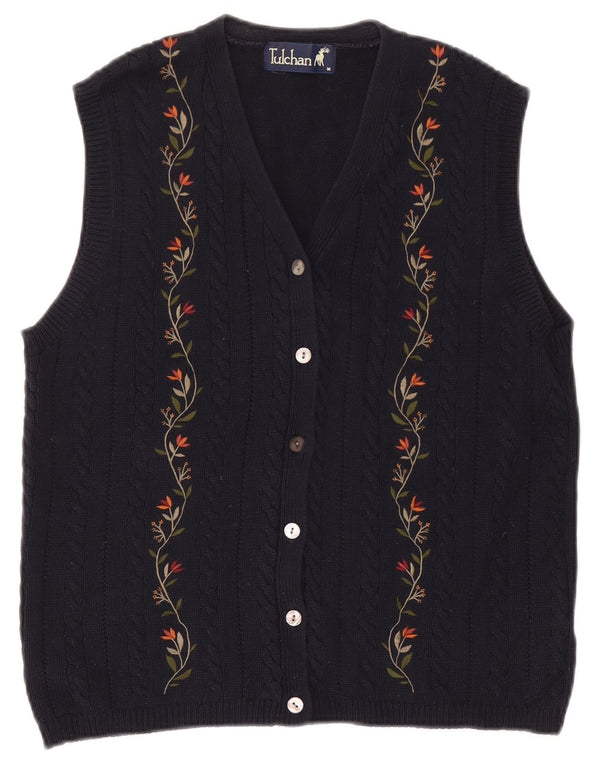 Pulover cardigan fără mâneci pentru femei Tulchan UK 14 Medium Bleumarin Floral