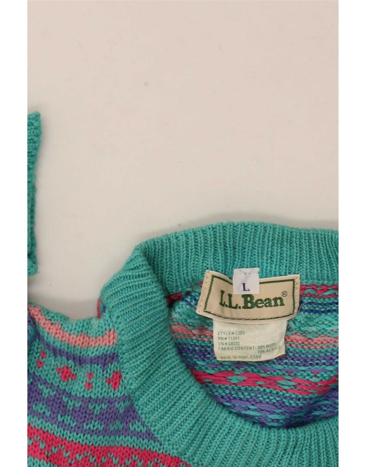 L.L.Bean Pulover pentru bărbați cu gât roșu din lână Fair Isle, mare, multicoloră