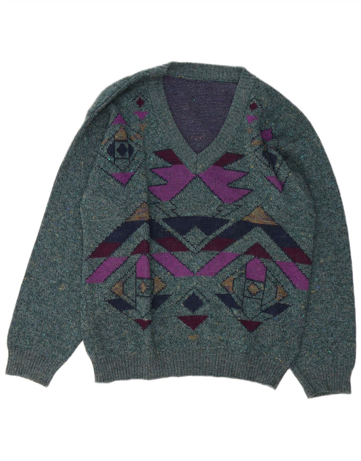 Pulover vintage pentru bărbați cu decolteu în V, mare, verde, geometric