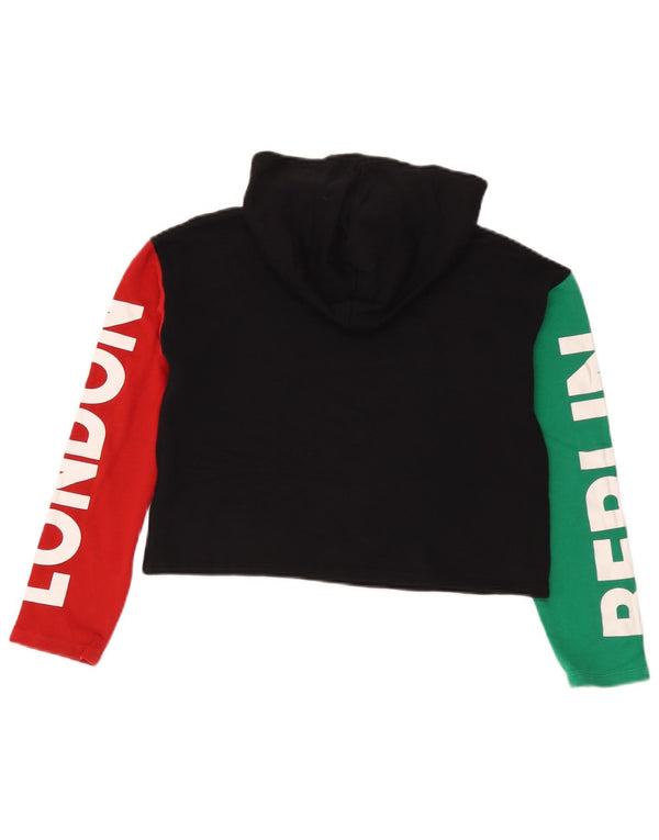 Pulover pentru fete Benetton Crop Graphic Hoodie 10-11 ani XL Negru Colorblock