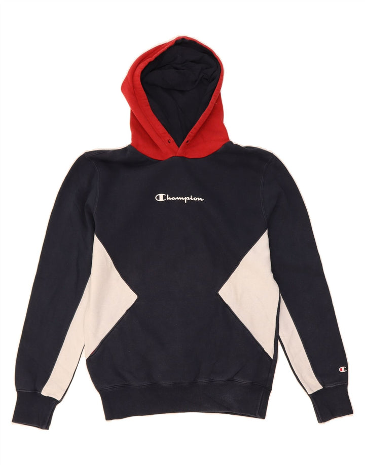 CHAMPION Mens Hoodie Jumper Small Navy Blue Colourblock Vintage Champion and Second-Hand Champion from Messina Hembry 