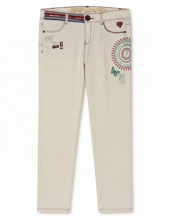 Pantaloni cropped pentru femei Desigual Graphic Slim W30 L26 Bumbac alb