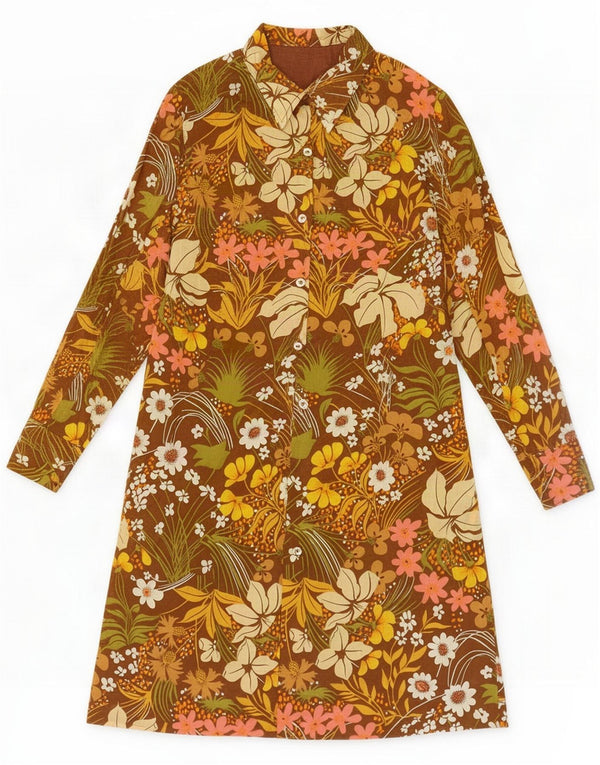 Vintage Womens Long Sleeve A-Line Dress UK 10 Small Brown Floral