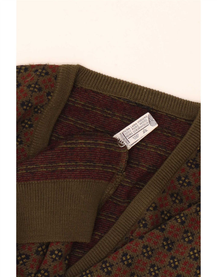 Pulover vintage pentru bărbați cu decolteu în V, lână geometrică mare, kaki