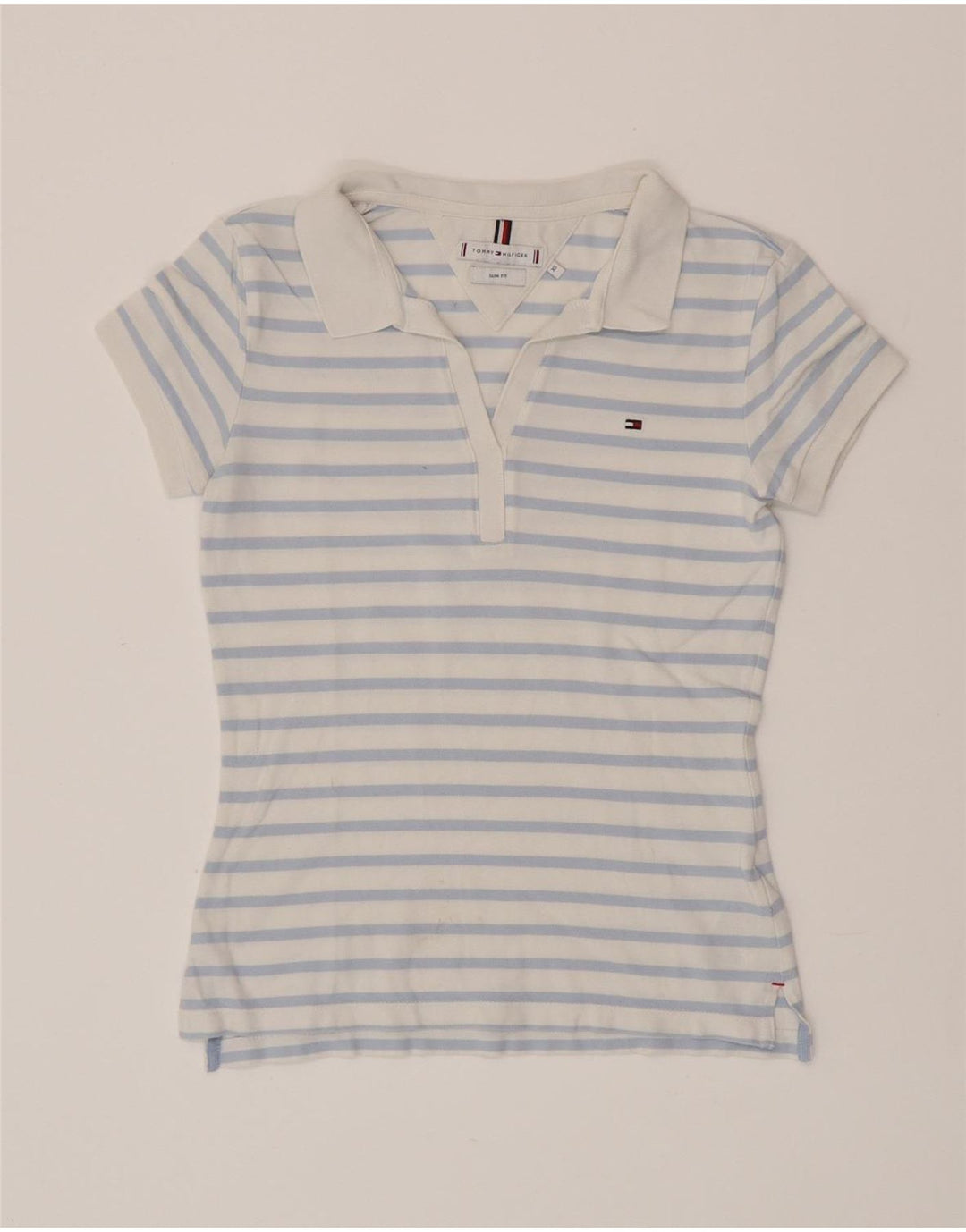 TOMMY HILFIGER Cămașă polo pentru femei Slim Fit UK 6 XS Bumbac cu dungi albastre